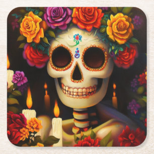 Day of the Dead Sugar Skull 3 Square Paper Coaster