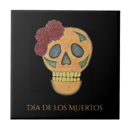 Day of the Dead Sugar Skull Black Gold Tile