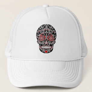 Day of the Dead Sugar Skull - Black, White & Red Trucker Hat
