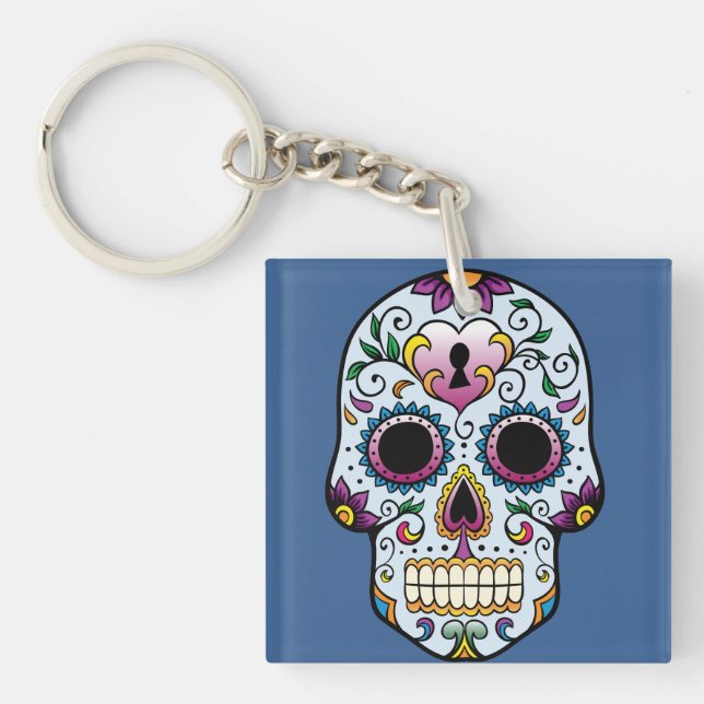 Day of the Dead Sugar Skull Blue Keychain (Front)