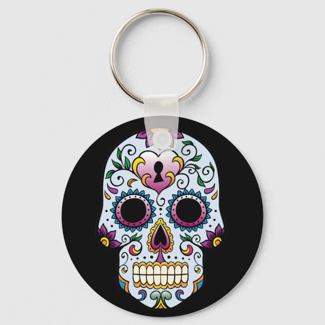 Day of the Dead Sugar Skull Blue Keychain (Front)