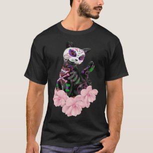 Day Of The Dead Sugar Skull Cat Pink Flowers Pullo T-Shirt