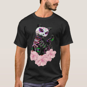 Day Of The Dead Sugar Skull Cat Pink Flowers T-Shirt