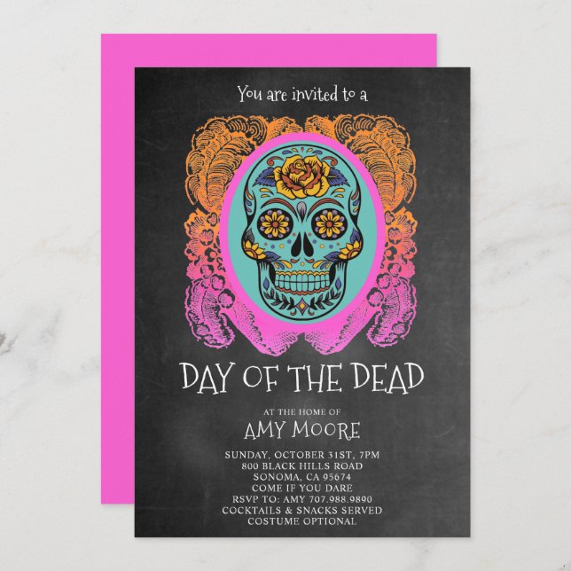 Day Of The Dead Sugar Skull Chalkboard Party  Invitation (Front/Back)