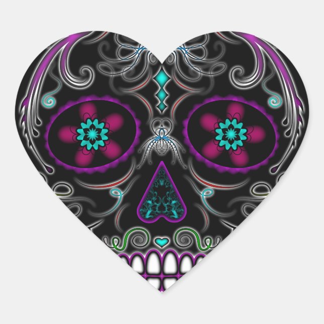 Day of the Dead Sugar Skull - Colourfully Black Heart Sticker (Front)