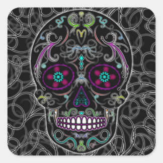 Day of the Dead Sugar Skull - Colourfully Black Square Sticker