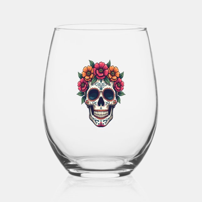 Day of the Dead Sugar Skull � Dia de los Muertos S Stemless Wine Glass (Front)
