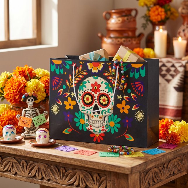Day of the Dead Sugar Skull Floral Black Large Gift Bag (Celebrate Dia de los Muertos with this Day of the Dead sugar skull floral black design. )