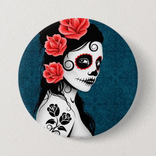 Day of the Dead Sugar Skull Girl - blue 7.5 Cm Round Badge