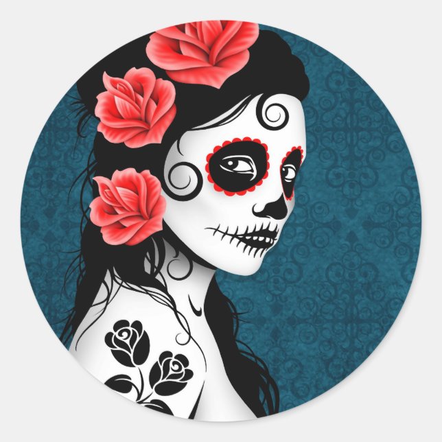 Day of the Dead Sugar Skull Girl - blue Classic Round Sticker (Front)