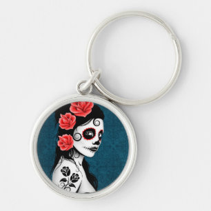 Day of the Dead Sugar Skull Girl - blue Key Ring