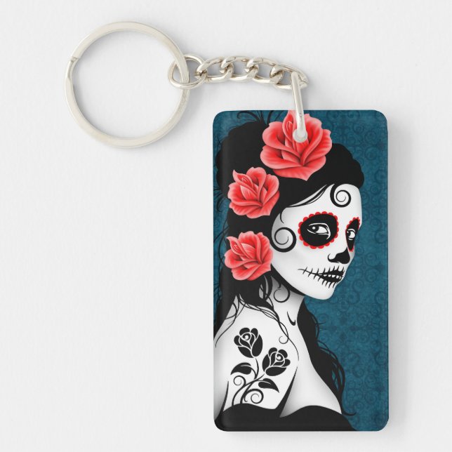 Day of the Dead Sugar Skull Girl - blue Key Ring (Front)