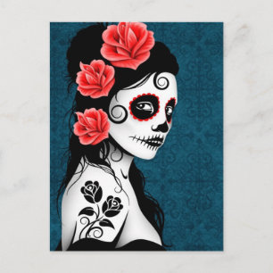 Day of the Dead Sugar Skull Girl - Blue Postcard