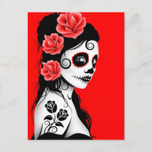 Day of the Dead Sugar Skull Girl - Bright Red Postcard