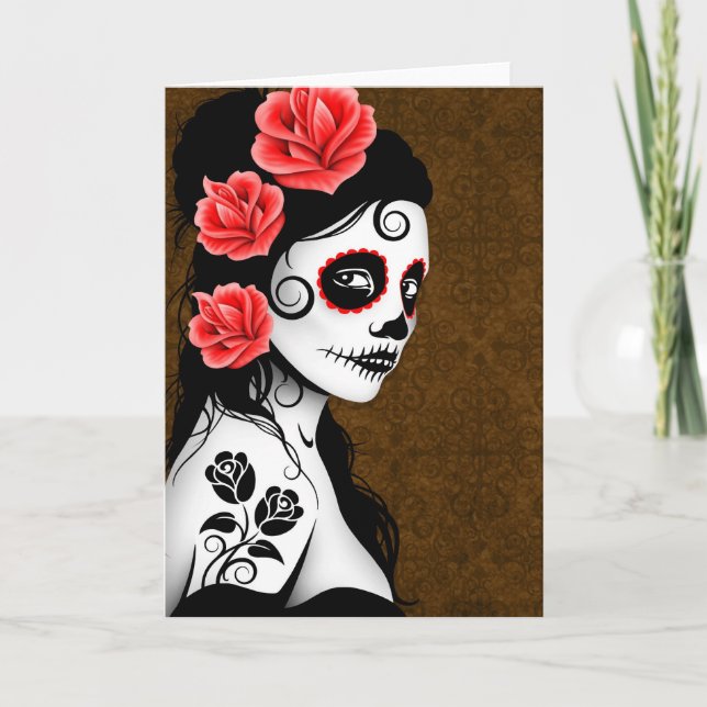Day of the Dead Sugar Skull Girl - brown Card (Front)