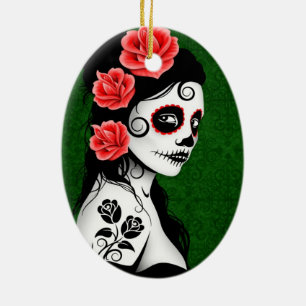 Day of the Dead Sugar Skull Girl - green Ceramic Tree Decoration