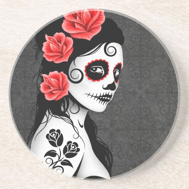 Day of the Dead Sugar Skull Girl - grey Coaster (Front)