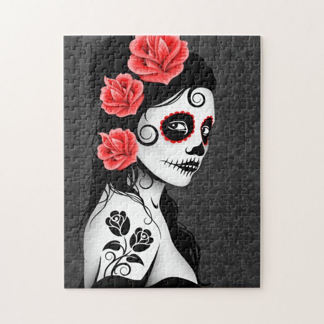 Day of the Dead Sugar Skull Girl - grey Jigsaw Puzzle (Vertical)