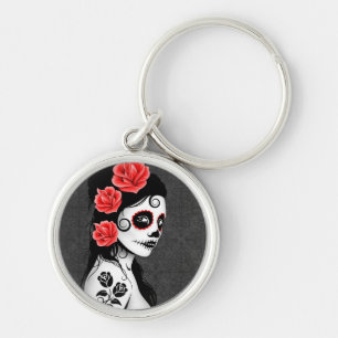 Day of the Dead Sugar Skull Girl - grey Key Ring