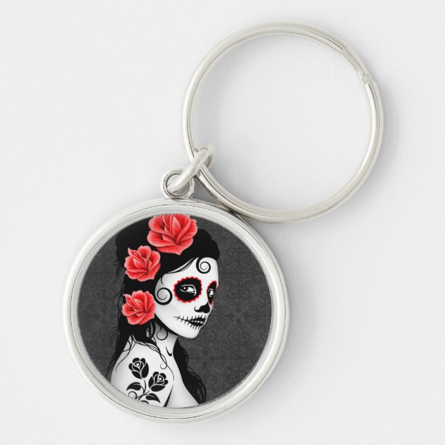 Day of the Dead Sugar Skull Girl - grey Key Ring (Front)