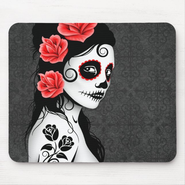 Day of the Dead Sugar Skull Girl - grey Mouse Mat (Front)