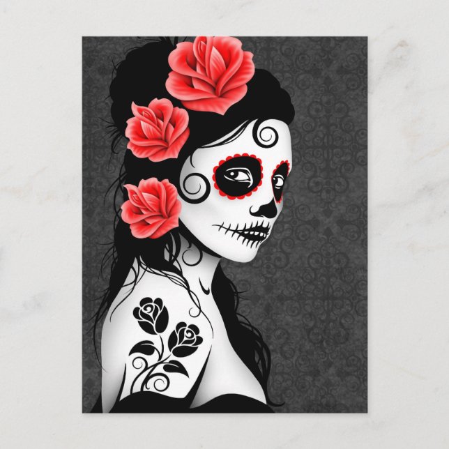 Day of the Dead Sugar Skull Girl - Grey Postcard (Front)