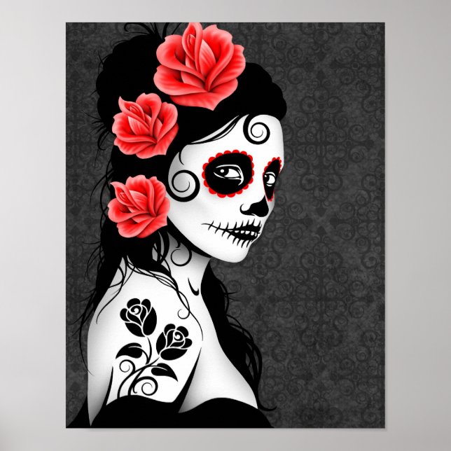Day of the Dead Sugar Skull Girl - Grey Poster (Front)