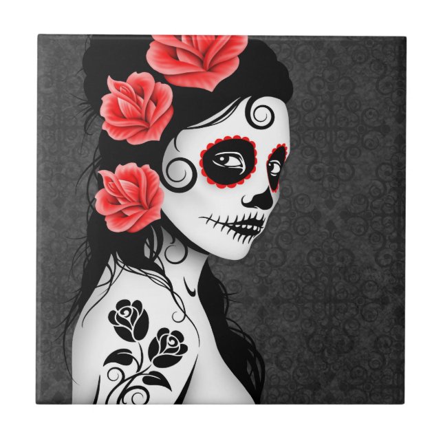 Day of the Dead Sugar Skull Girl - grey Tile (Front)