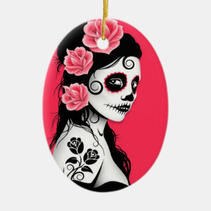 Day of the Dead Sugar Skull Girl - pink Ceramic Tree Decoration