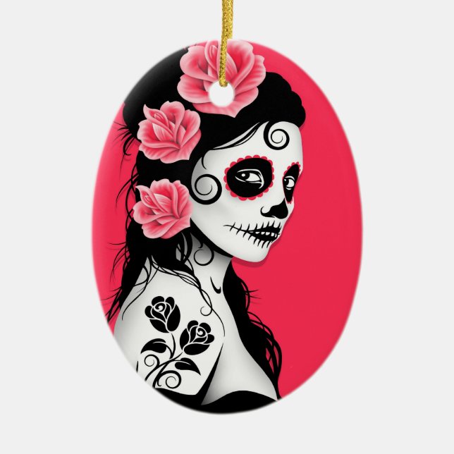 Day of the Dead Sugar Skull Girl - pink Ceramic Tree Decoration (Front)