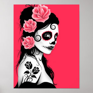 Day of the Dead Sugar Skull Girl - Pink Poster