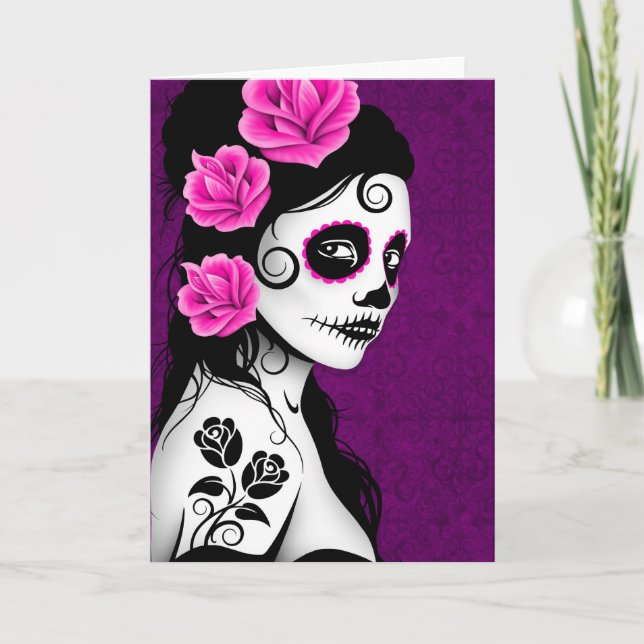 Day of the Dead Sugar Skull Girl - purple Card (Front)