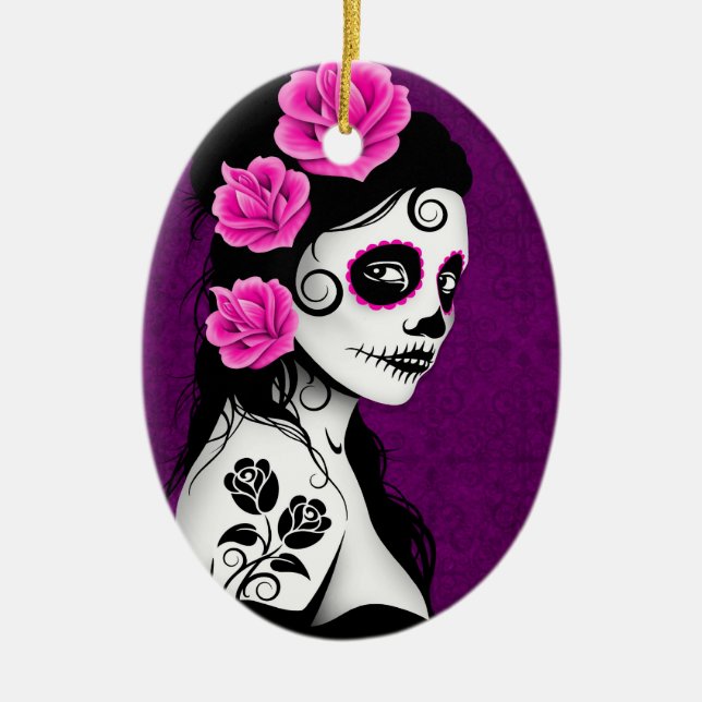 Day of the Dead Sugar Skull Girl - purple Ceramic Tree Decoration (Front)