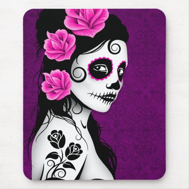 Day of the Dead Sugar Skull Girl - purple Mouse Mat (Front)