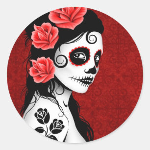 Day of the Dead Sugar Skull Girl - red Classic Round Sticker