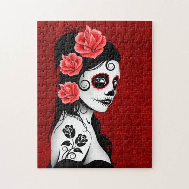 Day of the Dead Sugar Skull Girl - red Jigsaw Puzzle (Vertical)