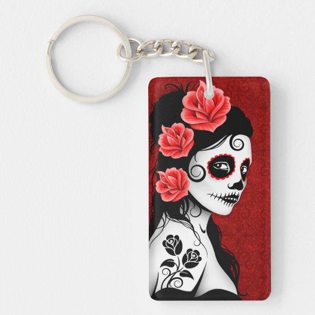 Day of the Dead Sugar Skull Girl - red Key Ring (Front)