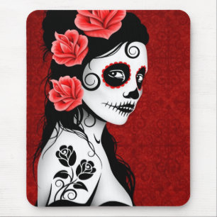 Day of the Dead Sugar Skull Girl - red Mouse Mat