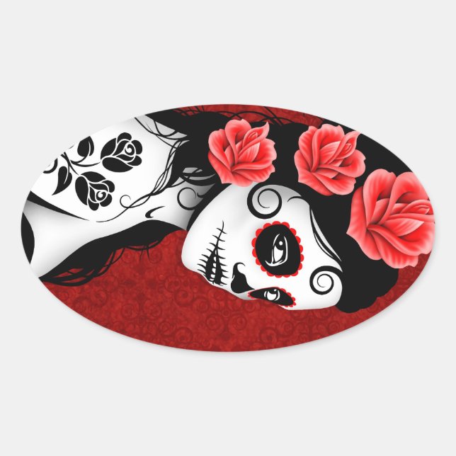 Day of the Dead Sugar Skull Girl - red Oval Sticker (Front)
