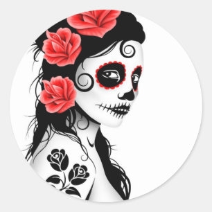 Day of the Dead Sugar Skull Girl - white Classic Round Sticker