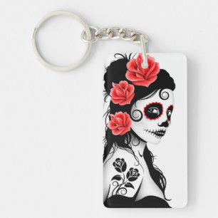 Day of the Dead Sugar Skull Girl - white Key Ring
