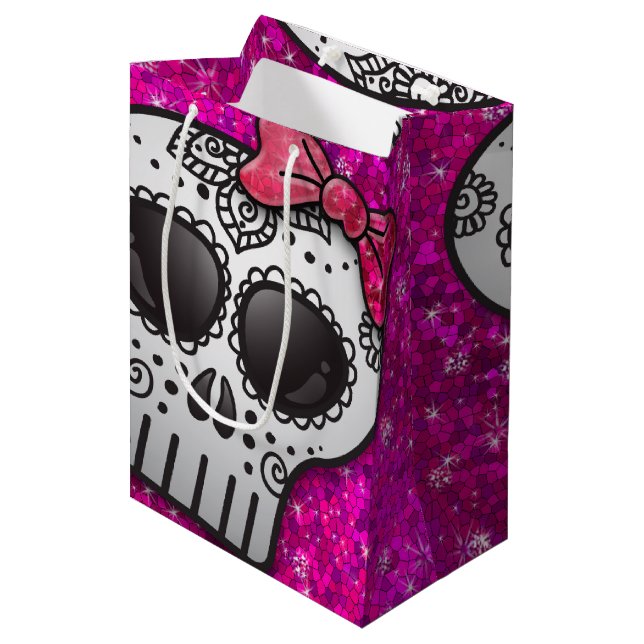 Day of the Dead Sugar Skull Girly Hot Pink Glitter Medium Gift Bag (Front Angled)