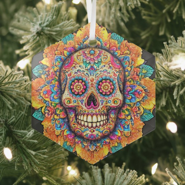 Day of the Dead Sugar Skull Glass Tree Decoration (Insitu)