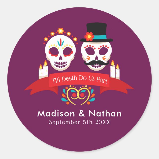Day of the Dead Sugar Skull Gothic Magenta Wedding Classic Round Sticker (Front)