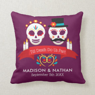 Day of the Dead Sugar Skull Gothic Magenta Wedding Cushion