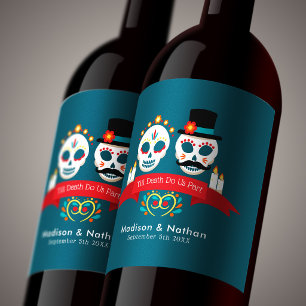 Day of the Dead Sugar Skull Gothic Wedding Wine Label
