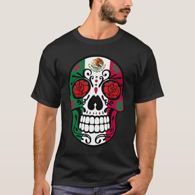 Day Of The Dead Sugar Skull Halloween Mexican Flag T-Shirt (Front)