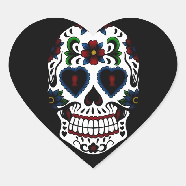 Day of the Dead Sugar Skull in Blue Heart Sticker (Front)