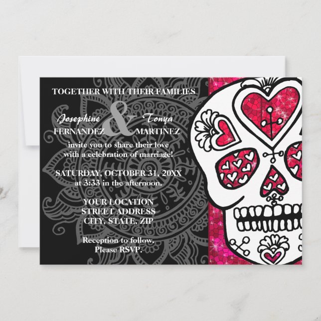 Day of the Dead Sugar Skull LGBT Wedding Glitter Invitation (Front)