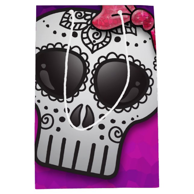 Day of the Dead Sugar Skull Ombre Hot Pink Glitter Medium Gift Bag (Front)